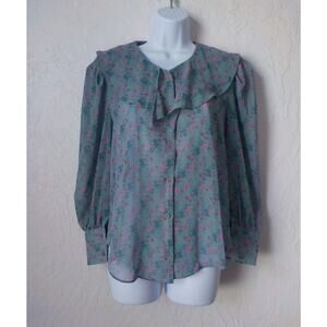 CRKO Cherry Koko Romantic Floral Blouse Green Pink Long Sleeves Button Up Fits M